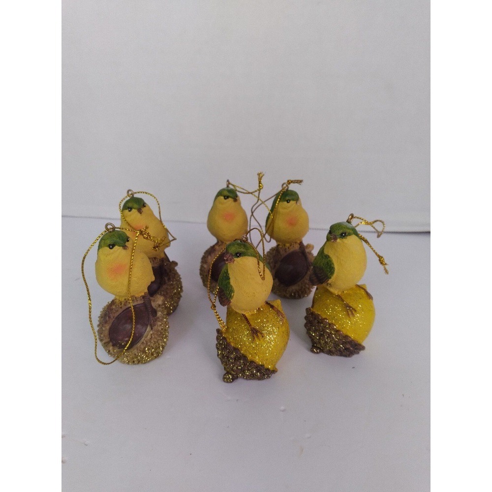 Bird Christmas Ornaments Set of 6‎ Acorn Holiday Decor Yellow Green